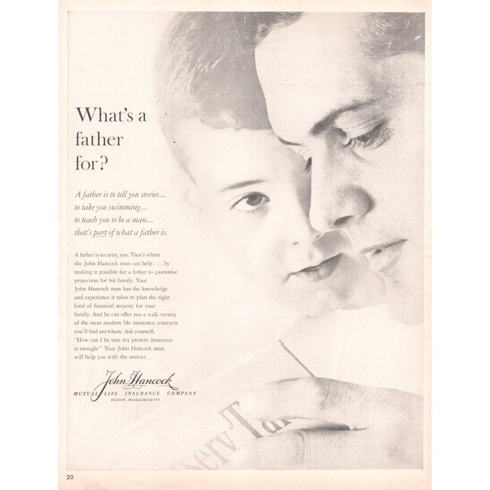 1960 John Hancock Life Insurance Vintage Print Ad Father Reading to Son Wall Art